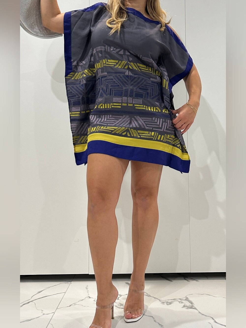 Luluvia Boho Chic Global Artisan Geometric Modern Tribal Print Mini Dress Sz S